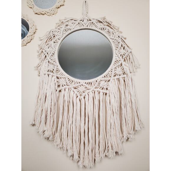 Set of 3 Cream White Macrame Woven Fringe Boho Round Mirror Wall Hanging Decor - Picture 2 of 4